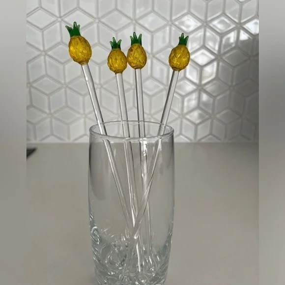 CRATE & BARREL Set of 4 Glass Pineapple Swizzle Sticks Cocktails Barware Tiki - Picture 9 of 12